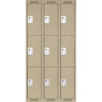 Clean Line Lockers, 3 -tier, Bank of 3, 36" x 18" x 72", Steel, Beige, Rivet (Assembled) Equipment World