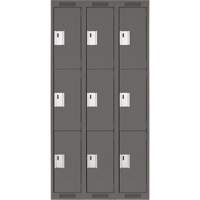 Clean Line Lockers, 3 -tier, Bank of 3, 36" x 18" x 72", Steel, Charcoal, Rivet (Assembled) Equipment World