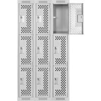 Clean Line Lockers, 3 -tier, Bank of 3, 36" x 12" x 72", Steel, Grey, Rivet (Assembled), Perforated Equipment World