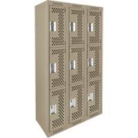 Clean Line Lockers, 3 -tier, Bank of 3, 36" x 12" x 72", Steel, Beige, Rivet (Assembled), Perforated Equipment World