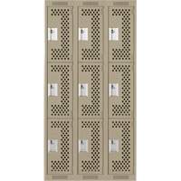 Clean Line Lockers, 3 -tier, Bank of 3, 36" x 12" x 72", Steel, Beige, Rivet (Assembled), Perforated Equipment World