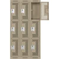 Clean Line Lockers, 3 -tier, Bank of 3, 36" x 12" x 72", Steel, Beige, Rivet (Assembled), Perforated Equipment World