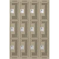 Clean Line Lockers, 3 -tier, Bank of 4, 48" x 12" x 72", Steel, Beige, Rivet (Assembled), Perforated Equipment World