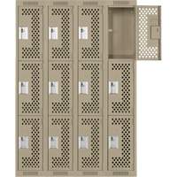 Clean Line Lockers, 3 -tier, Bank of 4, 48" x 12" x 72", Steel, Beige, Rivet (Assembled), Perforated Equipment World