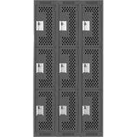Clean Line Lockers, 3 -tier, Bank of 3, 36" x 12" x 72", Steel, Charcoal, Rivet (Assembled), Perforated Equipment World
