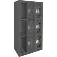 Clean Line Lockers, 3 -tier, Bank of 3, 36" x 12" x 72", Steel, Charcoal, Rivet (Assembled), Perforated Equipment World