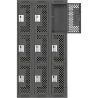 Clean Line Lockers, 3 -tier, Bank of 3, 36" x 12" x 72", Steel, Charcoal, Rivet (Assembled), Perforated Equipment World