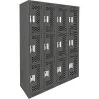 Clean Line Lockers, 3 -tier, Bank of 4, 48" x 12" x 72", Steel, Charcoal, Rivet (Assembled), Perforated Equipment World