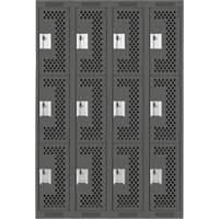 Clean Line Lockers, 3 -tier, Bank of 4, 48" x 12" x 72", Steel, Charcoal, Rivet (Assembled), Perforated Equipment World