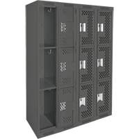Clean Line Lockers, 3 -tier, Bank of 4, 48" x 12" x 72", Steel, Charcoal, Rivet (Assembled), Perforated Equipment World