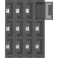 Clean Line Lockers, 3 -tier, Bank of 4, 48" x 12" x 72", Steel, Charcoal, Rivet (Assembled), Perforated Equipment World