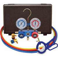 Jeu de manom&egrave;tres collecteurs &agrave; deux voies R134A pour automobile avec coupleurs et robinet perce-canette lat&eacute;rale 3-en-1 Equipment World