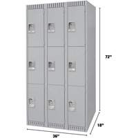 Lockers, 3 -tier, Bank of 3, 36" x 18" x 72", Steel, Grey, Knocked Down Equipment World