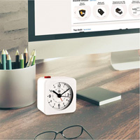 Mini Non-Ticking Alarm Clock, Analog, Battery Operated, 2.3" Dia., White OQ835 | Equipment World
