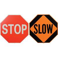 Double-Sided "Stop/Slow" Traffic Control Sign, 18" x 18", Plastic, English with Pictogram SEJ662 | Equipment World