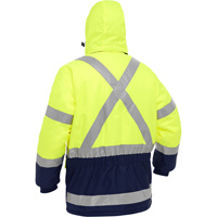 Manteau pour le froid extr&ecirc;me avec bas bleu marin et X au dos Bisley, Polyester, Jaune lime haute visibilit&eacute;, Petit Equipment World
