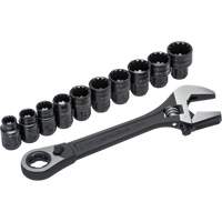 11-Piece Pass-Thru X6 Adjustable Wrench & Spline Socket Set, 13" L, 2-27/50" Max Width, Black Phosphate Equipment World